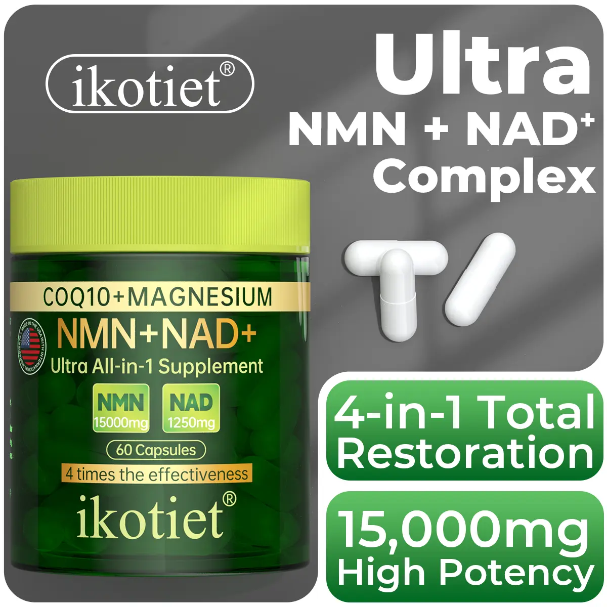 ikotiet 4-in-1 Blended Vitamins and Minerals Supplement, NMN NAD+ Complex with CoQ10 & Magnesium, Vitamin-Infused Daily Health & Nutrition Wellness Support, 60 Vegan Non-GMO Vegetable Capsules