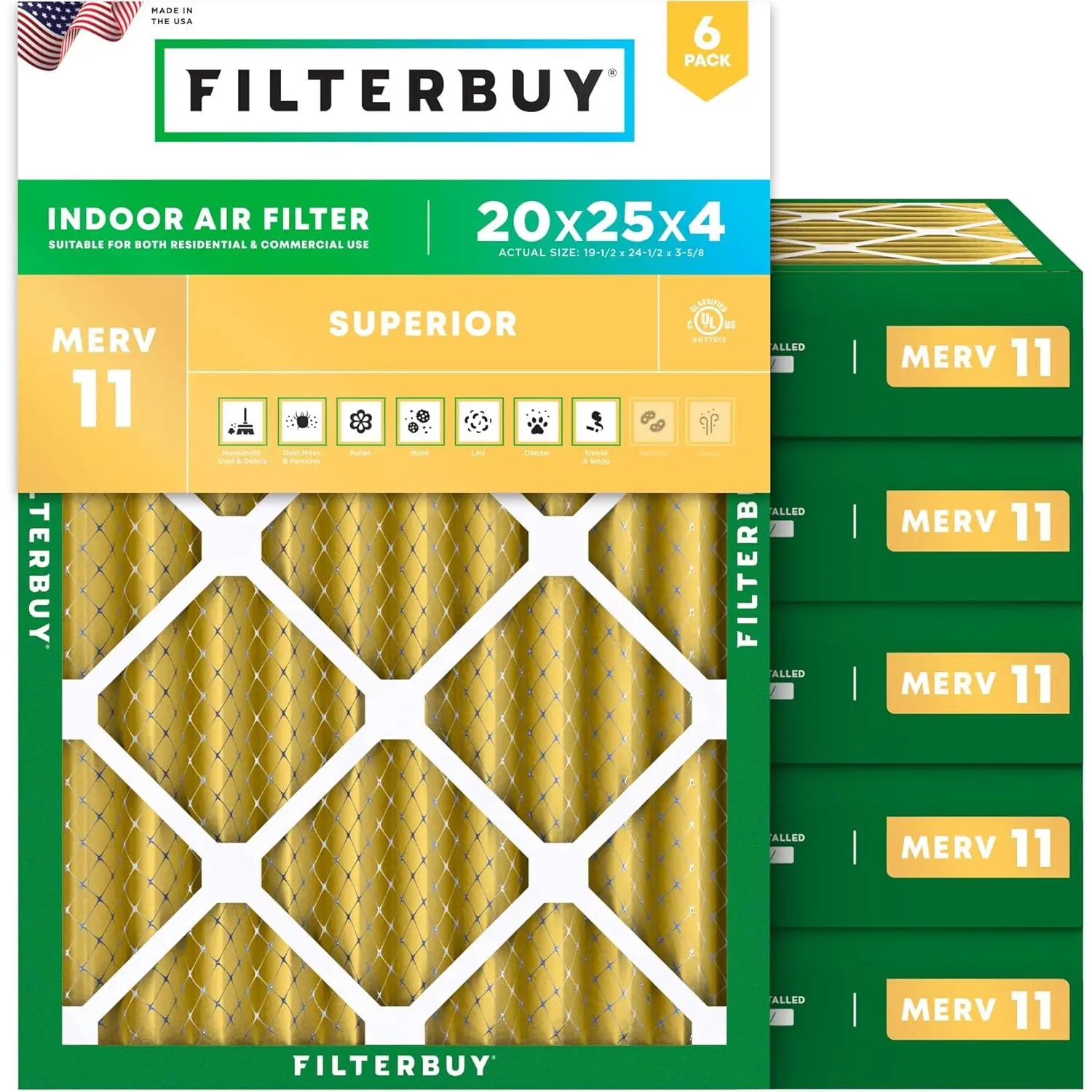 Filterbuy 20x25x4 Air Filter (6-Pack), Pleated MERV 11 Allergen Defense HVAC AC Furnace Air Filters (Actual Size: 19.50 x 24.50 x 3.63 Inches)