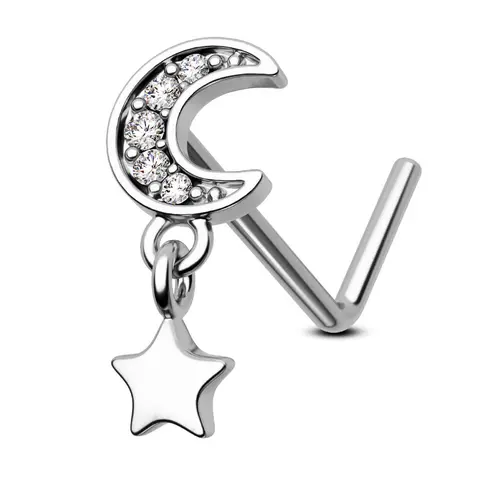Oufer 20G L-Shape Moon & Star Simple Basic Stainless Steel Nose Piercing Jewelry - 0.8mm Dainty Stud, 7mm Bar Female Nosering for Daily Everyday Wear
