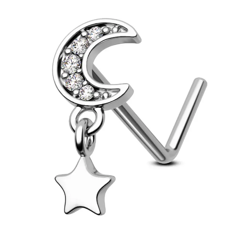 Oufer 20G L-Shape Moon & Star Simple Basic Stainless Steel Nose Piercing Jewelry - 0.8mm Dainty Stud, 7mm Bar Female Nosering for Daily Everyday Wear