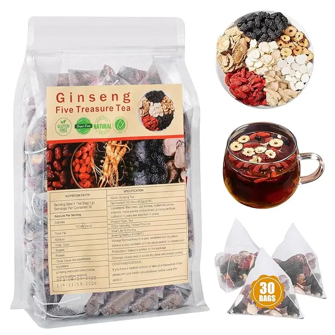 Traditional Herbal Tea 30 Bags with Ginseng & Six Treasure Botanical Blend, Premium Botanical Wellness Tea for Women & Men