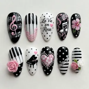 Summer Press On Nails Music Notes Piano 3D Rose Hibiscus Kawaii La Vie En Rose Black White Pink