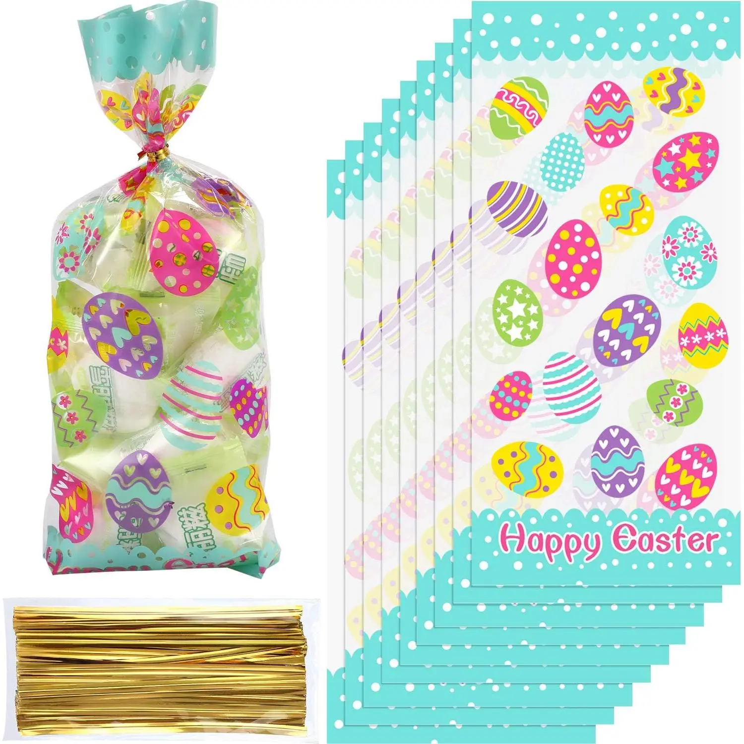 100 Pack Easter Treat Bags Bunny Candy Cellophane Bag Easter Egg Goodie Cooikes Gift for Party Favor Supplies(Egg Style)