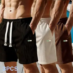 3 Pack American Spring/Summer New Men’s Solid Color Vertical Stripe Textured Drawstring Shorts, Elastic Waist Design, Side Pockets, Small Patch Decoration, Loose Draped Fit, Suitable for Comfortable Everyday Commuting casual