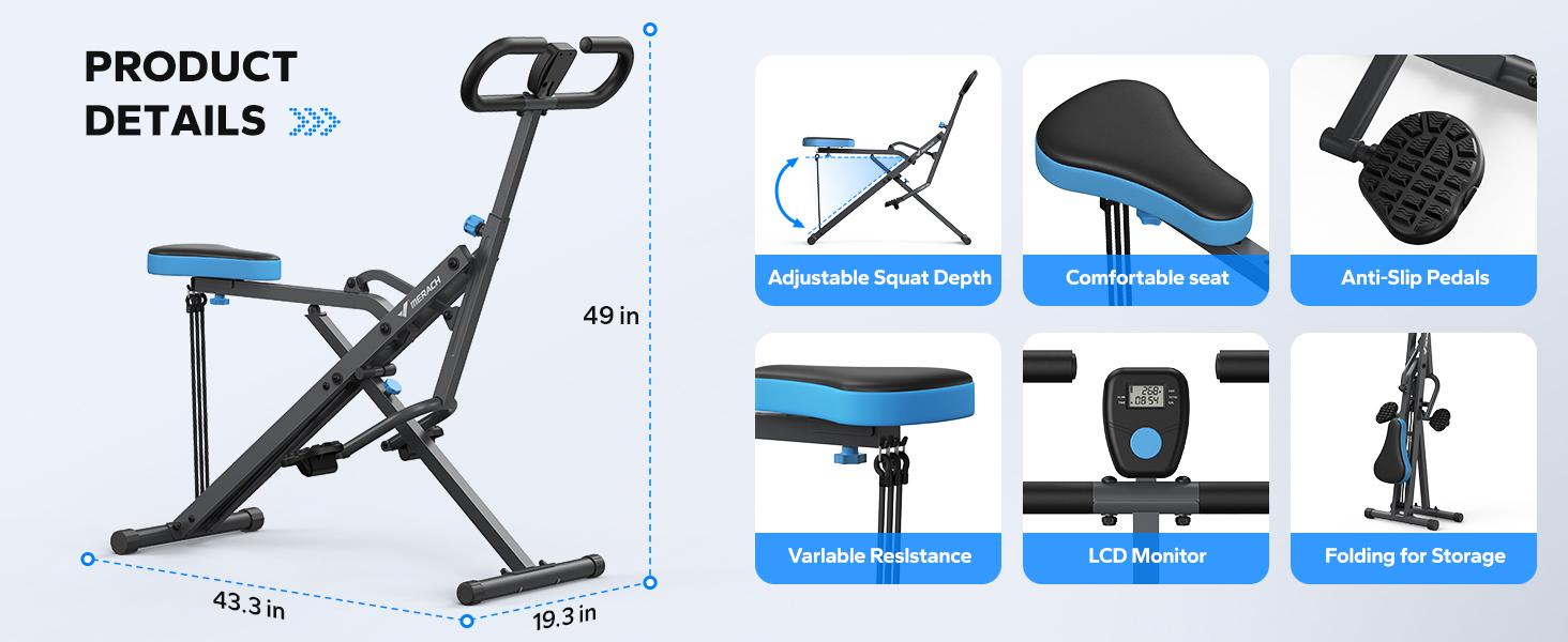 Merach Squat Machine Glutes Workout Adjustable Resistance Foldable Exercise Equipment Leg Exercise Machine with 350lbs Weight Capacity, Rowing Machine
