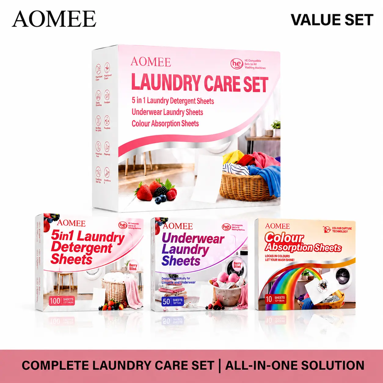 AOMEE Laundry Detergent Sheets | 160 Loads Complete Laundry Care Kit | Everyday Wash, Intimate Care & Color Protection | Easy Dissolve Mess-Free Sheets for Clothes, Delicates & Colors | Liquid Detergent Alternative | 5-in-1 System