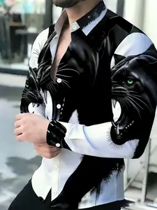 Men's Breathable Collared Long Sleeve Black Panther Print Button-Up Shirt