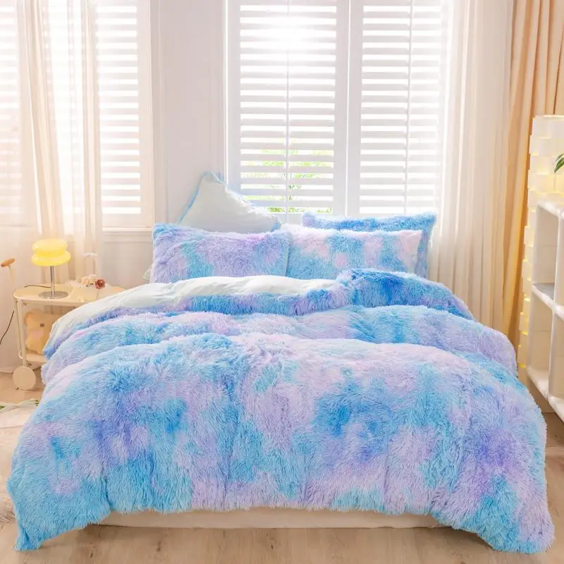 Tie Dye Fuzzy Duvet Cover Set, 3pcs/set Including Duvet Cover and Pillowcase without Filler, Soft & Comfortable Bedding Set for Home Bedroom, Christma