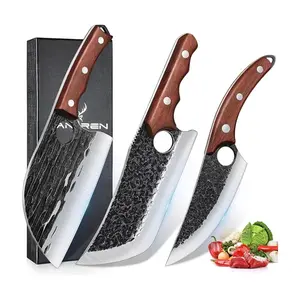 TAN REN Butcher Knife Set for Meat Cutting 3PCS Hand Forged Serbian Chef Knife Meat Cleaver Knife Viking Knife with Wood Handle High Carbon Steel Kitchen Knife Set for Camping BBQ Gift Idea Men
