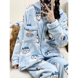 Cute Chiikawa Hachiware Pajamas Set Anime Cartoon  Flannel Sleepwear Pants Y2K Winter Warm Pajama Home Clothes Christmas Gift