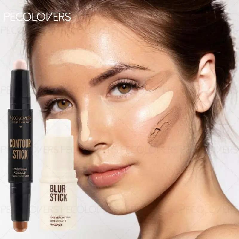2pcs Double-Ended Contour Stick + Pore Minimizer Primer Stick, Ctivated Full Coverage Face Concealer For Flawless Skin - Long-Lasting, Creates Smooth Matte Delicate Perfect Base Makeup