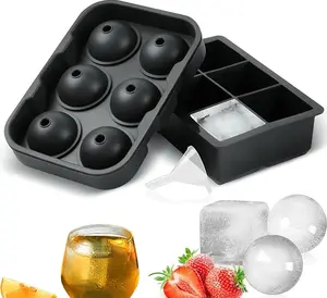 Ice Cube Trays(Set of 2),Sphere Mold with Lid & Large Square Ice Maker for Whiskey, Cocktails,Reusable Round Silicone Tools, DIY,Freezer-Black Utensils