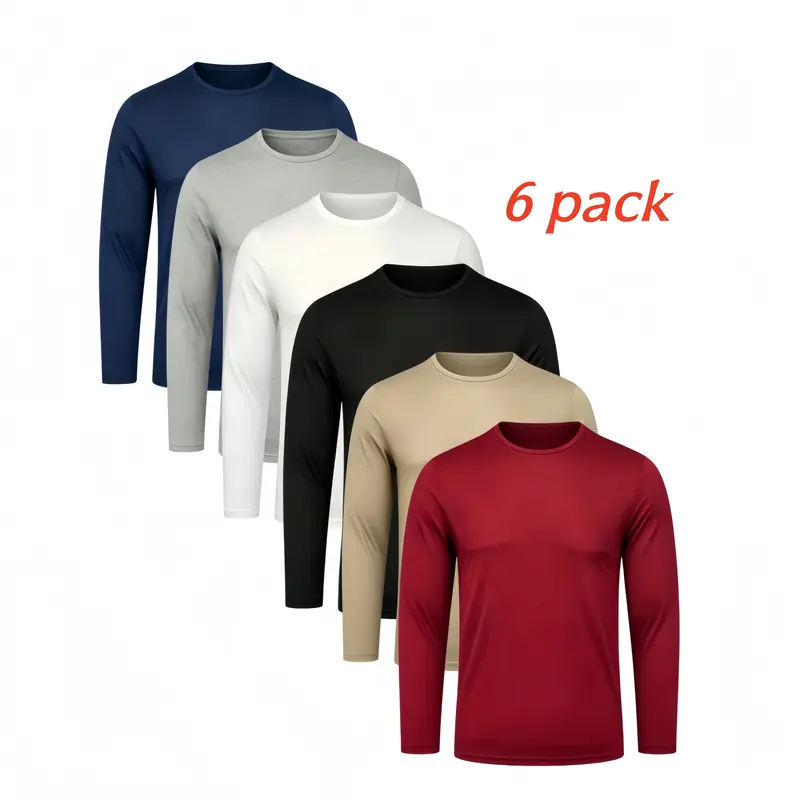 Men's 6-Pack Fitted Crew-Neck Long-Sleeve Knitting T-Shirts, UPF 50+ UV-Protective Athletic Sports Clothing, Elastane Quick-Dry Breathable Rash-Guard, Sporty Chic Functional Gym & Training Wear (Fishing, Running)