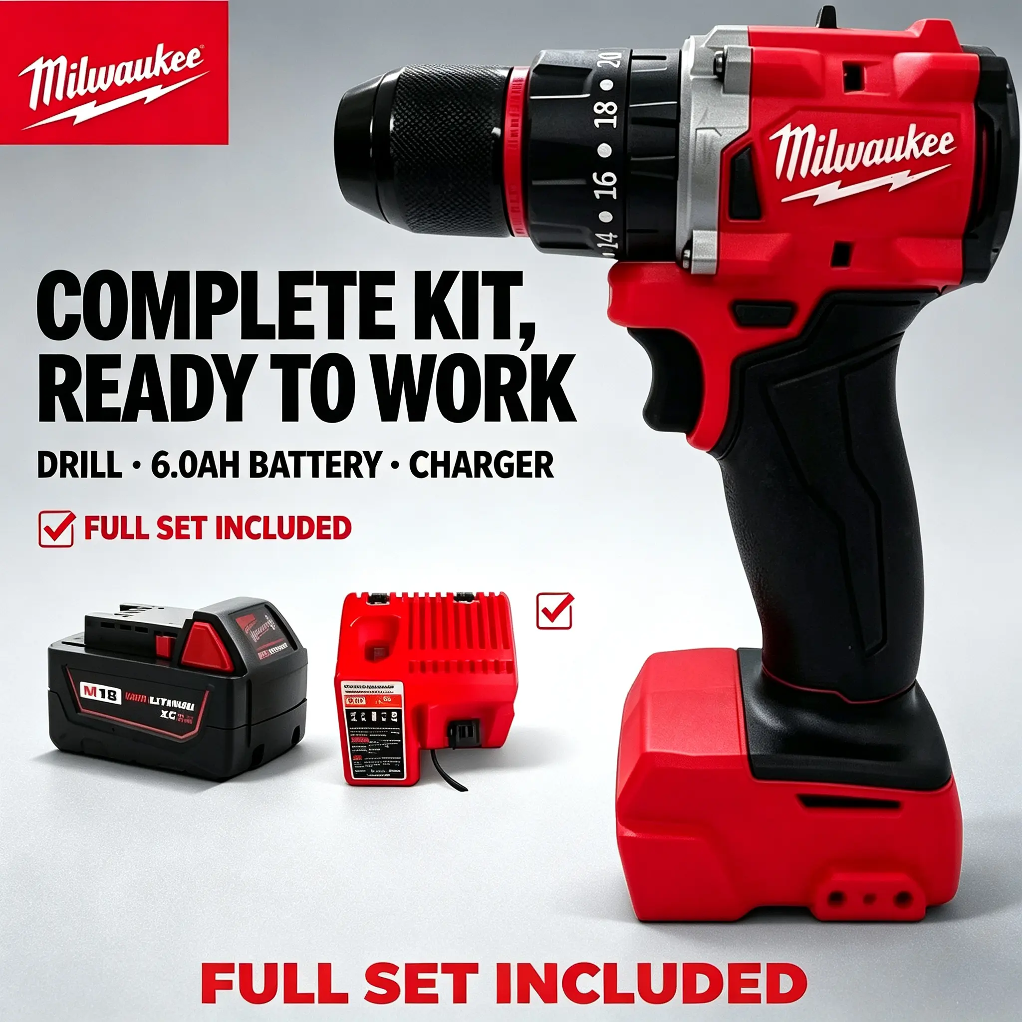 Milwaukee M18 18V Cordless Compact Drill Kit, Complete Set With 6.0Ah Battery + Charger, Ideal For Household Repair, Woodworking & Daily Install Jobs