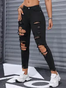 Y2K High Street Ripped Cool Style Denim Jeans Pants for Women, High Waist Fitted Slimming Effect, Long Regular Fit, All Seasons Streetwear