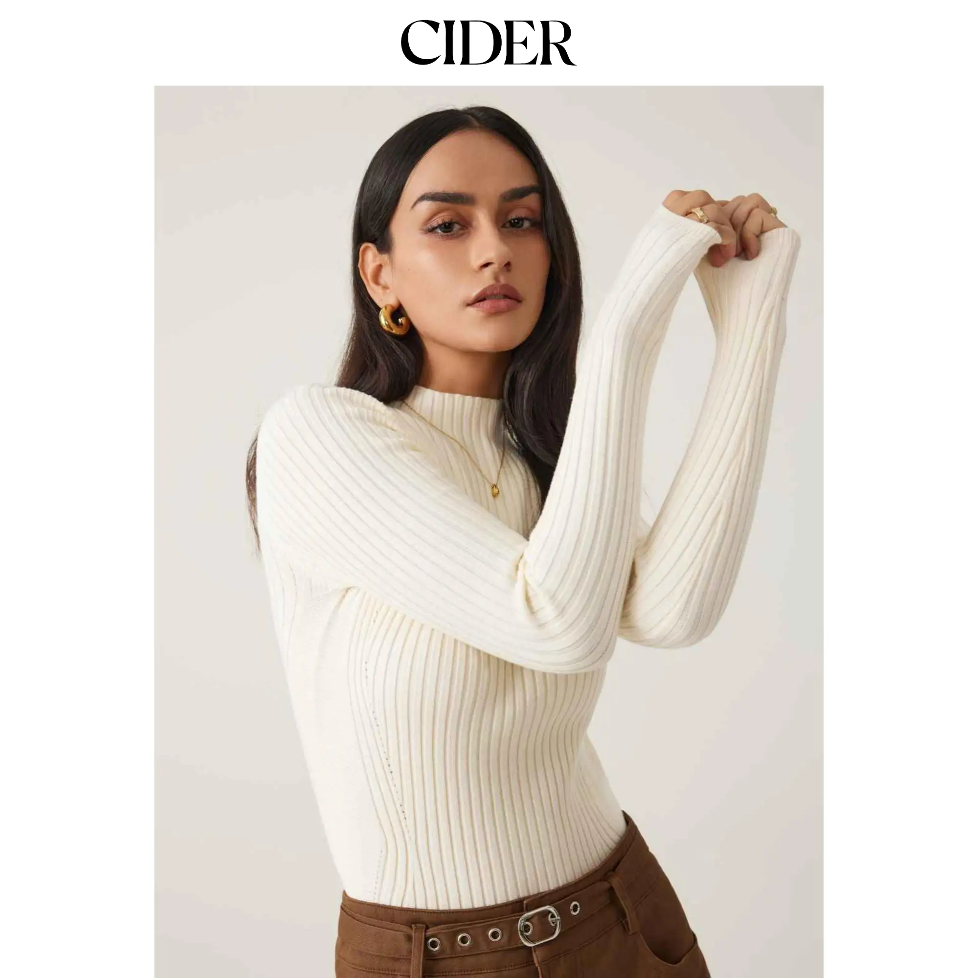 Cider [9 colors, size 0-26] Rib Knit Stand Neck Solid Long Sleeve Top