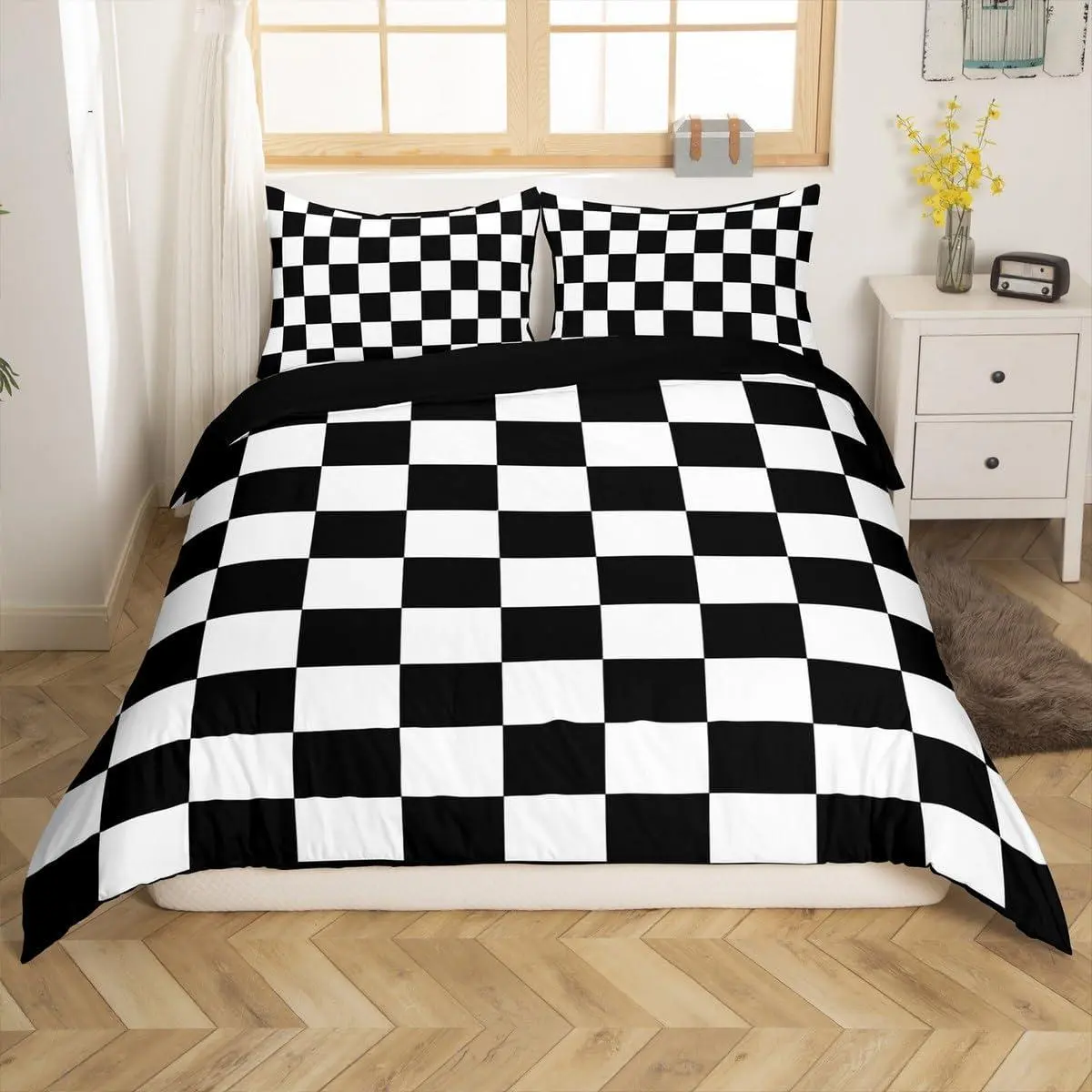 Checkered Retro Bedding Set Teen Women Men Black White Plaid Duvet Cover Kids Boys Girls Geometric Vintage Comforter Cover Modern Simple Groovy Aesthetic Room Decor
