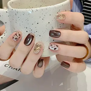 Glitter Leopard Pattern Fake Nail, 30pcs Short Square Press on Nails for Women & Girls DIY Nail Art, Elegant Stick on Nails Kit, Transferable Nail Art