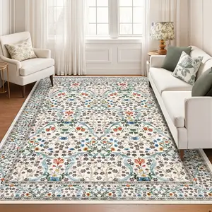 Vintage Printed Area Rug Soft Non-Slip Botanical Carpet Washable Area Decorative Area Rug for Bedroom Farmhouse Living Room Office