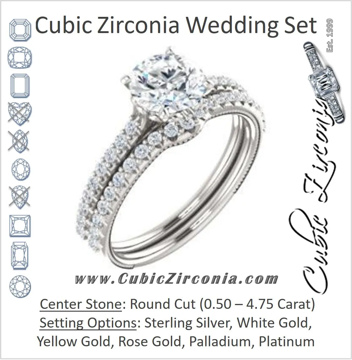 CZ Wedding Set, featuring The Delanie engagement ring (Customizable Cathedral-set Round Cut Style with Thin Pavé Band, Inlaid Milgrain and Tiny Peekaboo Accents)