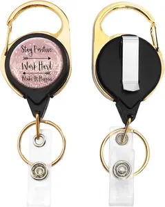 ID Badge Reel Holder, Golden Retractable Badge Holders Heavy Duty with Clip for Student Teacher   Office  Inspirational Quote