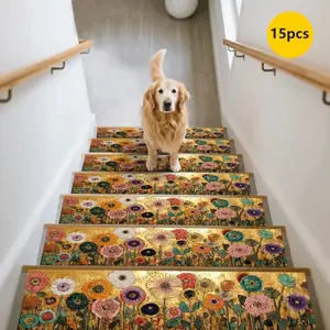 15pc Colorful Floral Stair Treads Non-Slip Durable Home Decor Mats Nordic Style Carpet Step Pads, Anti-Slip Mat Set