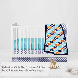 Bacati Aztec Print Liam 3-Piece Crib Bedding Set - Aqua/Orange/Navy