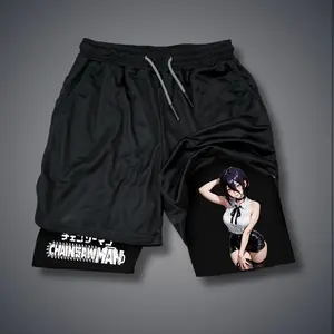 Chainsaw Man 80s 90s Double-Layer Sports Shorts Graphic Shorts Black Camo Streetwear Shorts Men Outfits Men Vacation Outfits Shorts