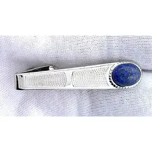 1 3/4 INCH TAPERED OVAL LAPIS LAZULI SILVER COLOR TIE CLIP TIE BAR EPTT12/9425