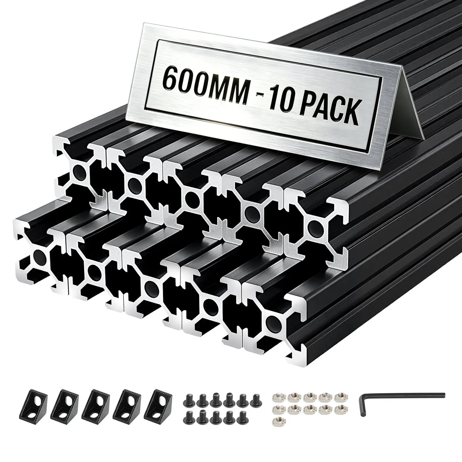 10-Piece 2020 Aluminum Extrusion Profile, 23.62 Inch (600 Mm) T-Slot Linear Rail, European Standard Anodized Black Finish, High-Strength Extruded Aluminum Rail For 3D Printer Parts And CNC DIY Workbench