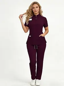 Zipper Scrub Set, Short Sleeve Nurse Doctor Uniform, Breathable Workwear for Beauty Salon SPA Clinic Hospital