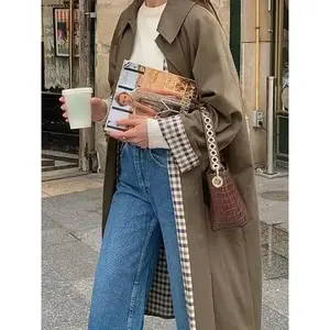 Women's Double Breasted Long Trench Coat Windproof Classic Lapel Slim Overcoat