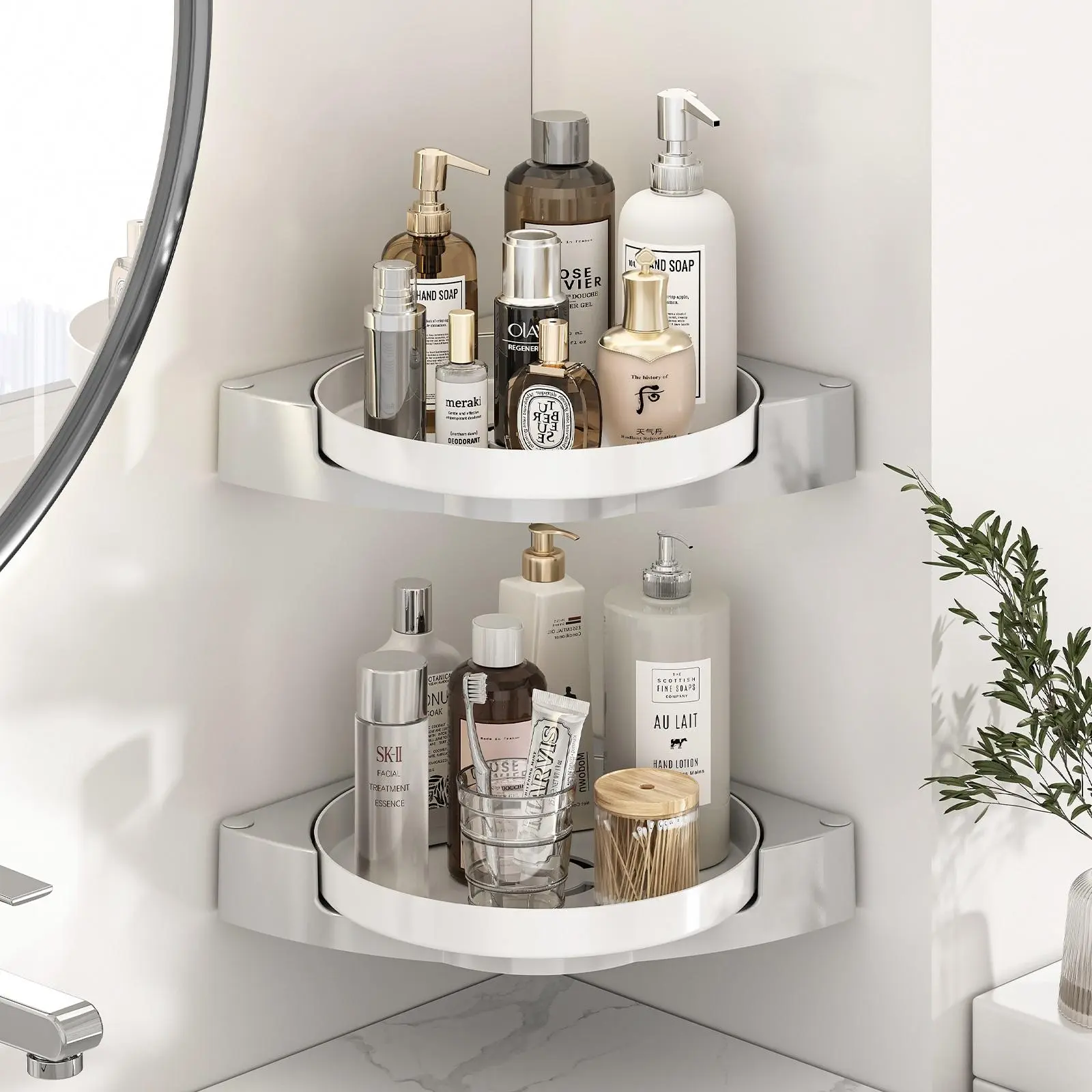 Corner Shower Caddy 360° Rotating Bathroom Organizer Waterproof Rustproof Plastic Removable Design Large Capacity 15kg Space Saving Self Adhesive Installation - Showerhead Holder