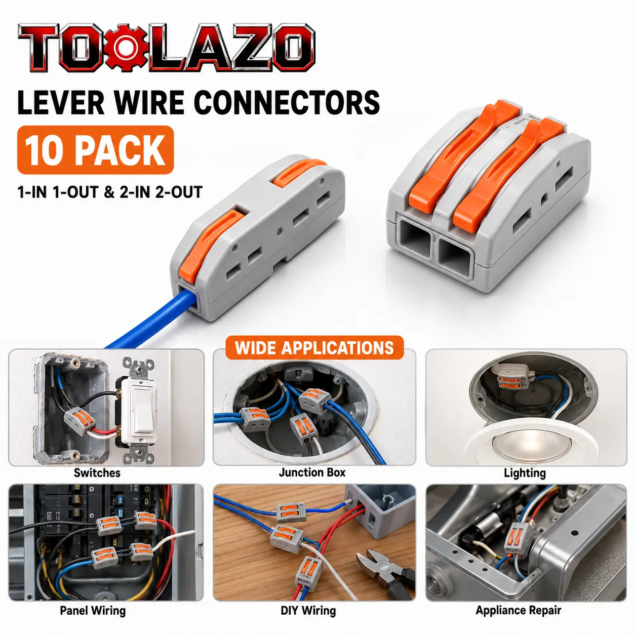 TOOLAZO 10-Pack Lever Wire Connectors, 1-In 1-Out / 2-In 2-Out Push-In Terminal Blocks for 28-12 AWG Solid and Stranded Copper Wires, Inline Splice Connectors for Lighting Fixtures, Switches, Junction Boxes and Electrical Repairs
