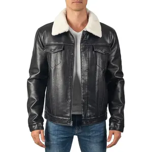 Men's Black Leather Trucker Jacket with Shearling Collar