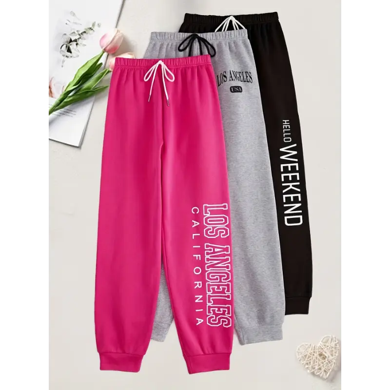 Women's Plus Size Lounge Joggers, 3-Pack Casual Letter Print Polyester Blend - Medium Stretch, Drawstring Elastic Waist, Loose-Fitting Loungewear, Machine Washable, 2XL