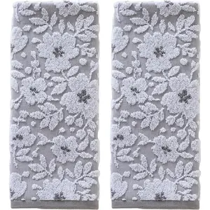 2pc 100% Cotton Reversible Floral Jacquard Decorative Hand Towel Set, Ideal for Bath, Kitchen, Bar, Perfect as Gift, Gray