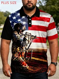 Large Size Men's American Flag Soldier Theme Polo Shirt, Veteran Memorial Patriotic Short Sleeve Top, Casual Loose-Fitting Print Clothing