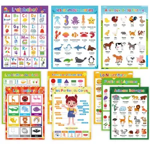 10-Pack French Learning Posters for Toddlers - Animal, Alphabet & Fruit Vocabulary - Laminated Preschool/Kindergarten Educational Charts - Home School & Classroom Wall Decor