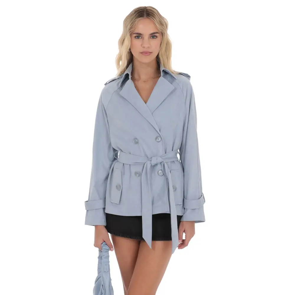 Suede Double Breasted Trench Coat in Sky Blue