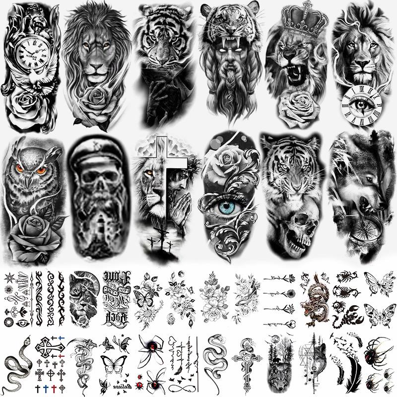 36 Sheets Large Half Arm Sleeve Temporary Tattoos For Men Women Forearm, Tribal Wolf Tiger Lion Owl Skull Temp Halloween Fake Tattoo Stickers Adults, Black Realistic Tattoo Flower Rose Animals