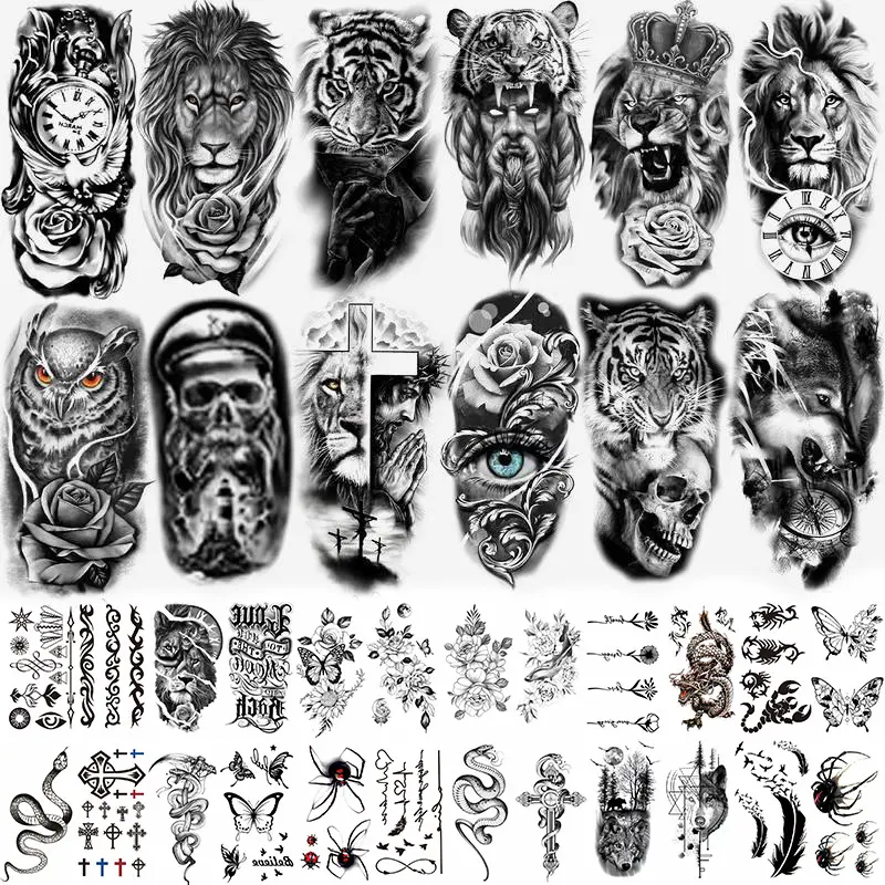 36 Sheets Large Half Arm Sleeve Temporary Tattoos For Men Women Forearm, Tribal Wolf Tiger Lion Owl Skull Temp Halloween Fake Tattoo Stickers Adults, Black Realistic Tattoo Flower Rose Animals