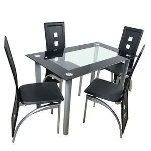 Rectangular Cylindrical Leg Dining Table for Kitchen and Dining Room, 4-Seater with chairs, Tempered Glass, Stainless Steel, Black Edge, Clear Glass, 43*28*29 in diningtable
