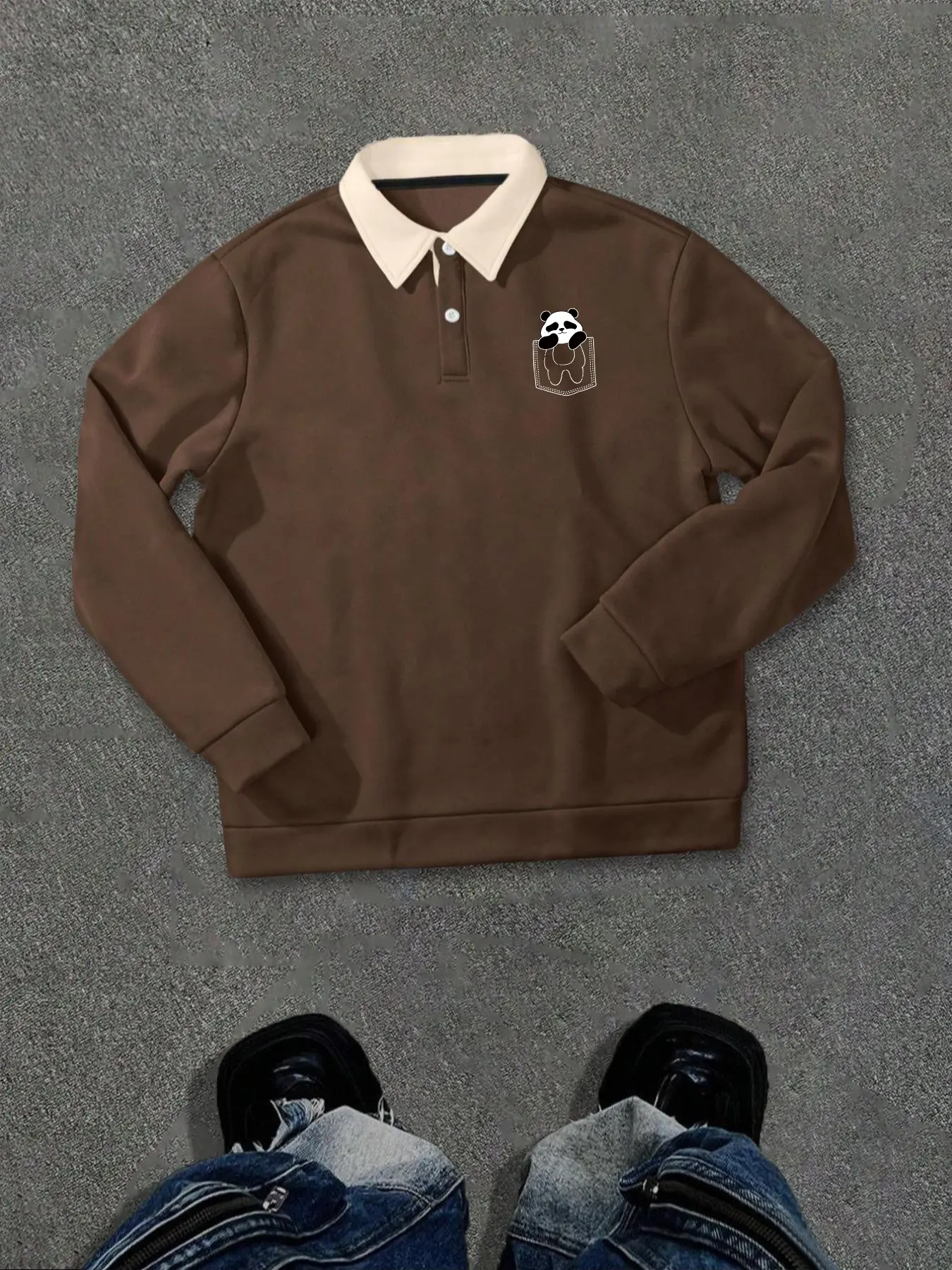 Men's Fall Winter Panda Print Hoodie, Casual Long Sleeve Fitted Pullover, Half Button Polo Neck, Outdoor Wear, Letter Pattern