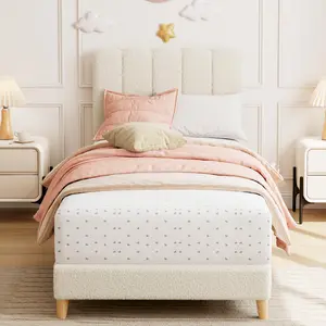 Garvee - XL Double Bed Frame, Upholstered Bed with Wavy Headboard for Girls/Boys, Easy Assembly, Wooden Slat Support, No Box Spring Needed, Beige Color