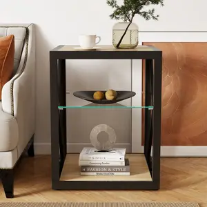 Modern Industrial End Table Side Table, 17.72"L×17.72"W×21.07"H, Tempered Glass & MDF with Metal Frame for Bedroom Home apartment， small coffee