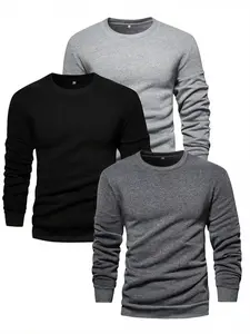 Men's Solid Long Sleeve Crew Neck Tee, Casual Basic Classic Fitted Round Neck T-shirt for Spring & Fall, Men's Top for Daily Wear