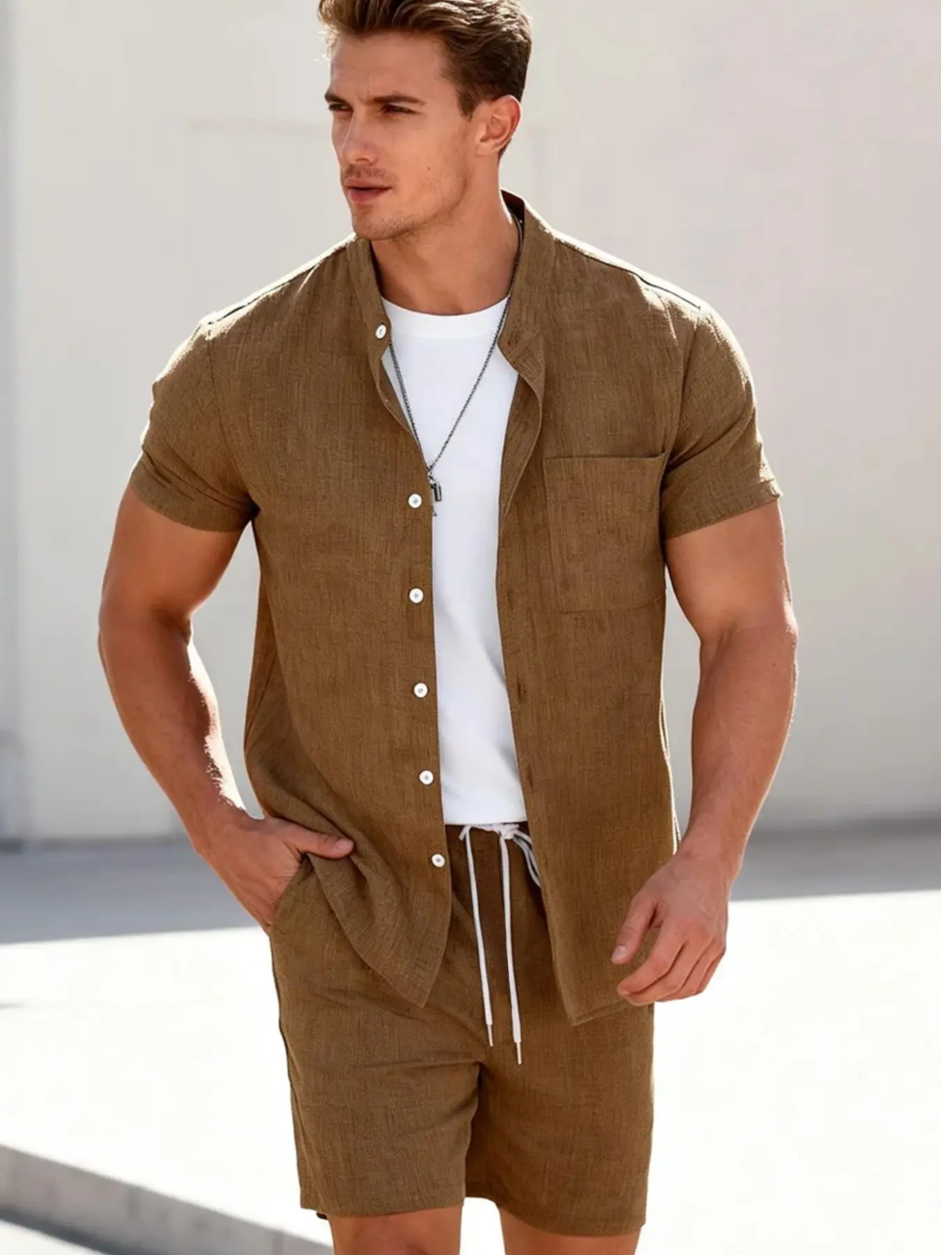 Men's Orange Linen-Blend 2-Piece Loungewear Set - Stand Collar Short Sleeve Shirt & Drawstring Shorts, Ultra-Soft Breathable Fabric, Relaxed Fit for At-Home Lounging, Sleeping & Lazy Weekends, Pajama, Nightwear, Homewear, Home Clothes Loungewear
