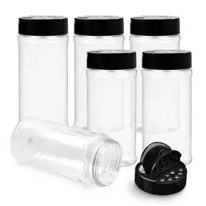 6 Pack 16 Oz Plastic Spice Jars with Black Cap, Clear and Safe Plastic Bottle Containers with Shaker Lids for Storing Spice, Herbs and Seasoning Powders, BPA Free