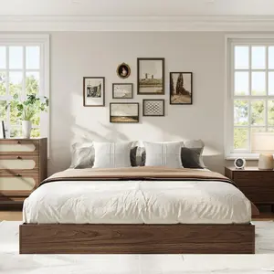 Queen Size Solid Wood Platform Bed with Sturdy Wooden Slats, Floor-Standing Bed Frame, No Box Spring Needed, Easy Assembly, Walnut Wood